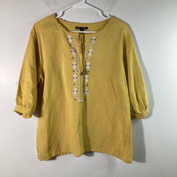Kylie & Zee Tops - Womens Kylie & Zee Embroidered Boho Tunic Gold M 3/4 Sleeve Linen Rayon